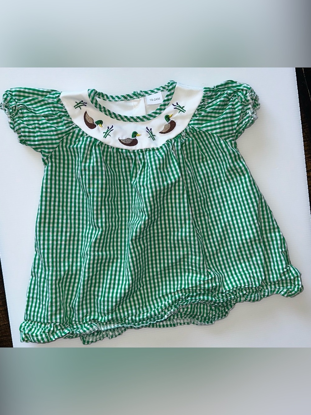 Green Gingham Duck-Embroidered Girls' Casual Dress